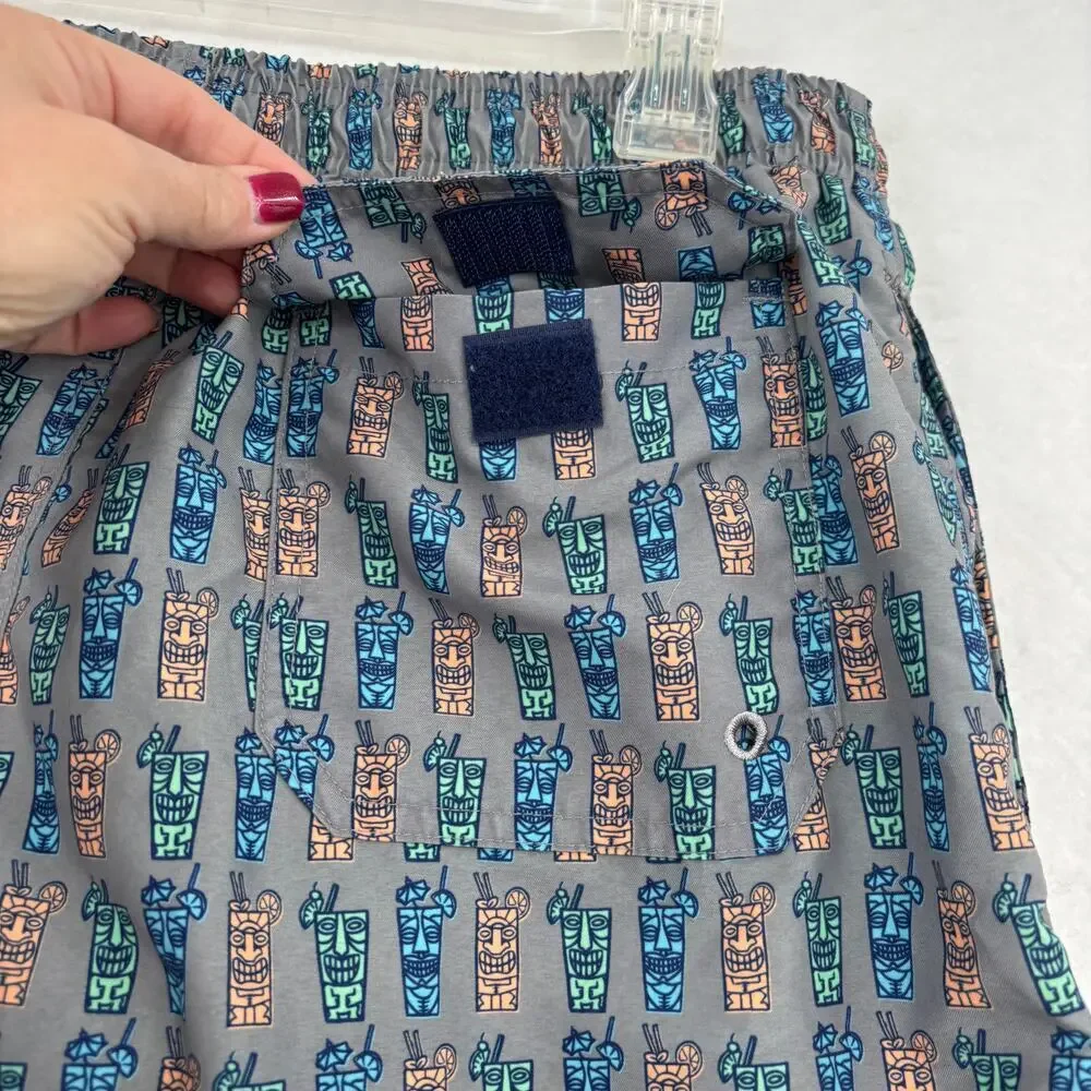 Life is Good Swim Trunks Men Size L Gray Tiki Print Mesh Lined Drawstring Shorts
